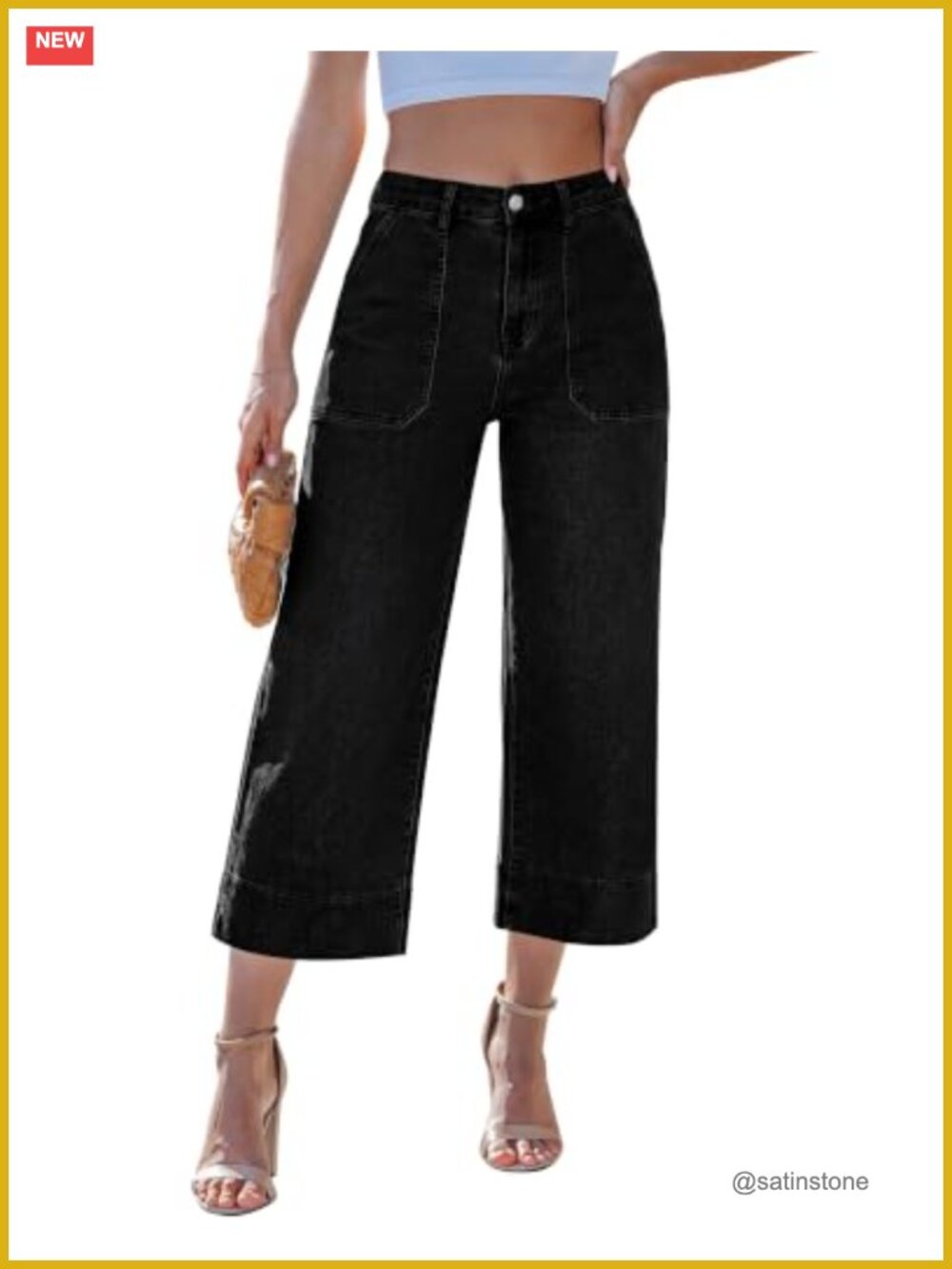 High Waisted Wide Leg Capri Jeans Stretch Denim Cropped Pants